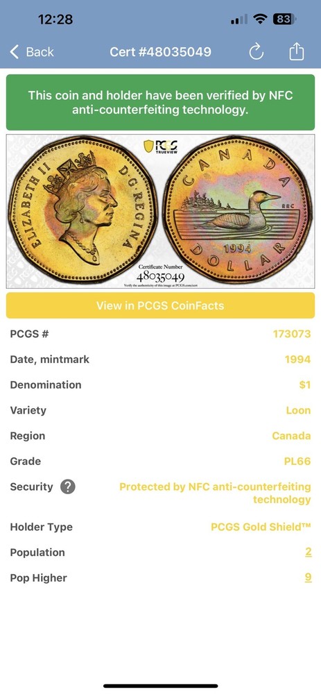 1994 Canada loon PCGS PL66 Toned Top 10 Pop