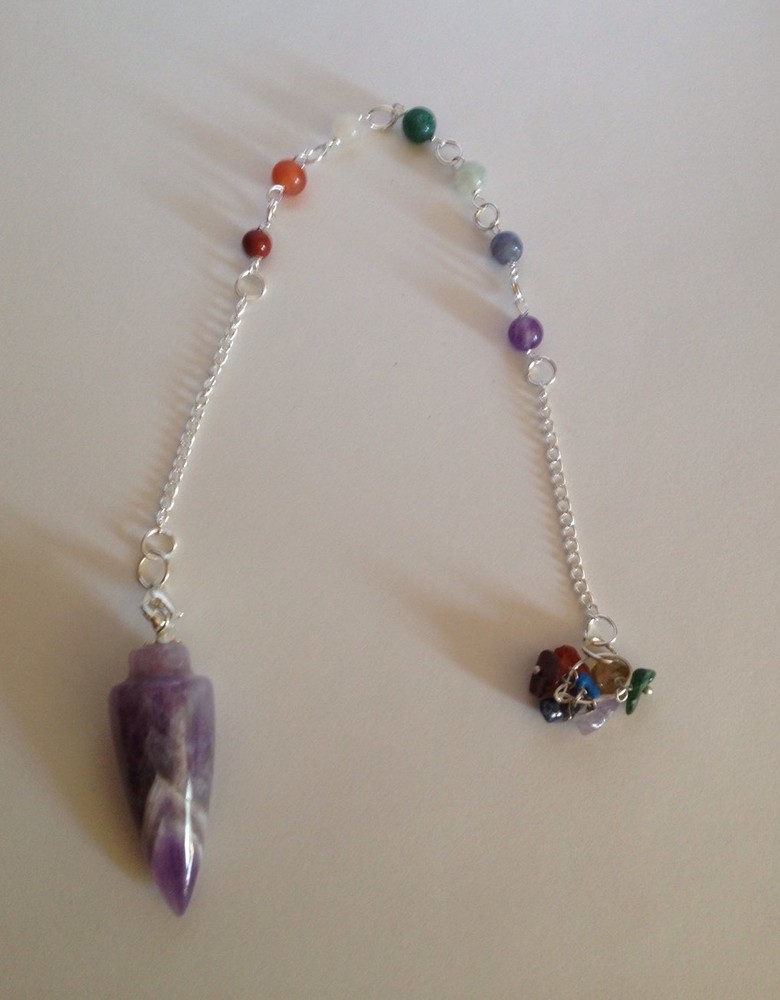 7 Chakra Amethyst Pendulum/Divination Tool W/multi Crystal End And Star pouch