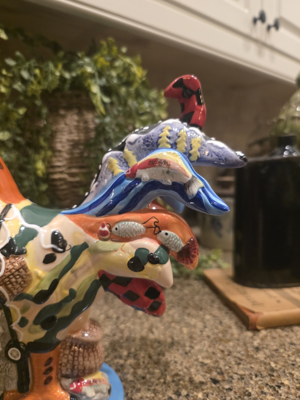 Rare Sharon Neuhaus Poultry In Motion Rocky Mountain Ceramic Rooster Fishing