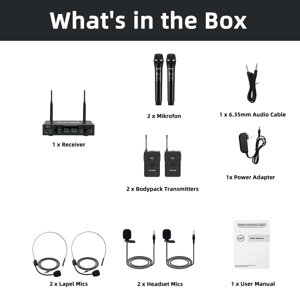 Lapel Wireless Microphone System with Headset & Lavalier Mics, 4 Channel UHF ...