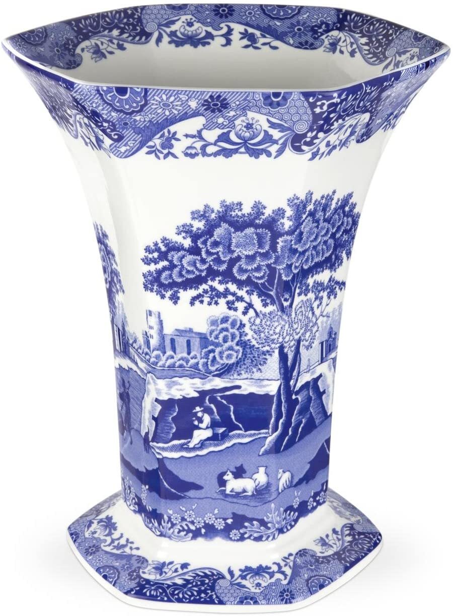 Spode Blue Italian Hexagonal Vase, Fine Porcelain, 10.5 Inch - Blue & White