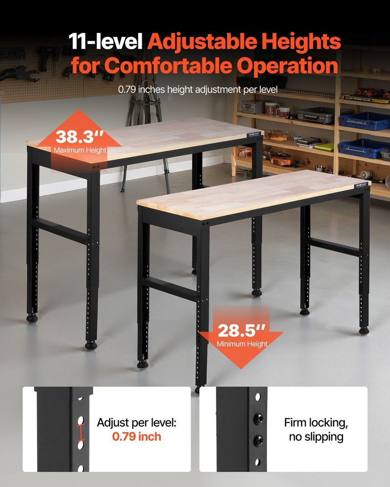 Garage Workbench: Steel Base, 48x20in Solid Oak Top, 2000lb Load, Power Outlets