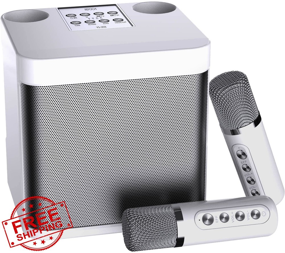 Off White Mini Karaoke Machine Bluetooth PA Speaker 2 Mics