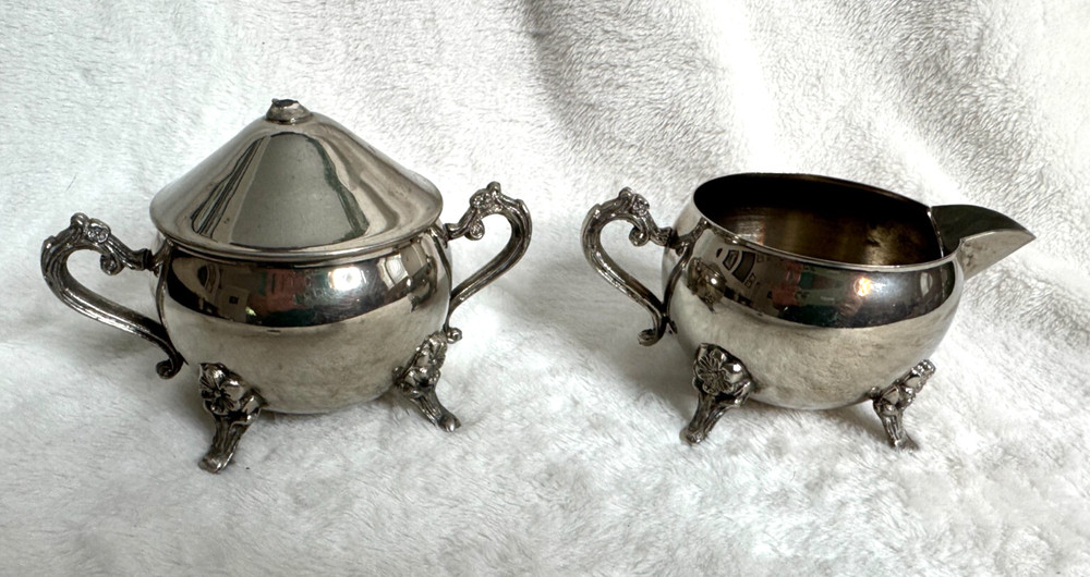 Vintage Silverplated Cream and Sugar Set Victorian Rose Design