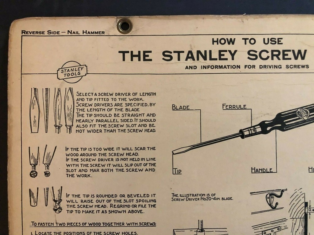 Vintage 1935 Stanley Tools Double Sided Pressboard Instructional Chart (12 / 14)