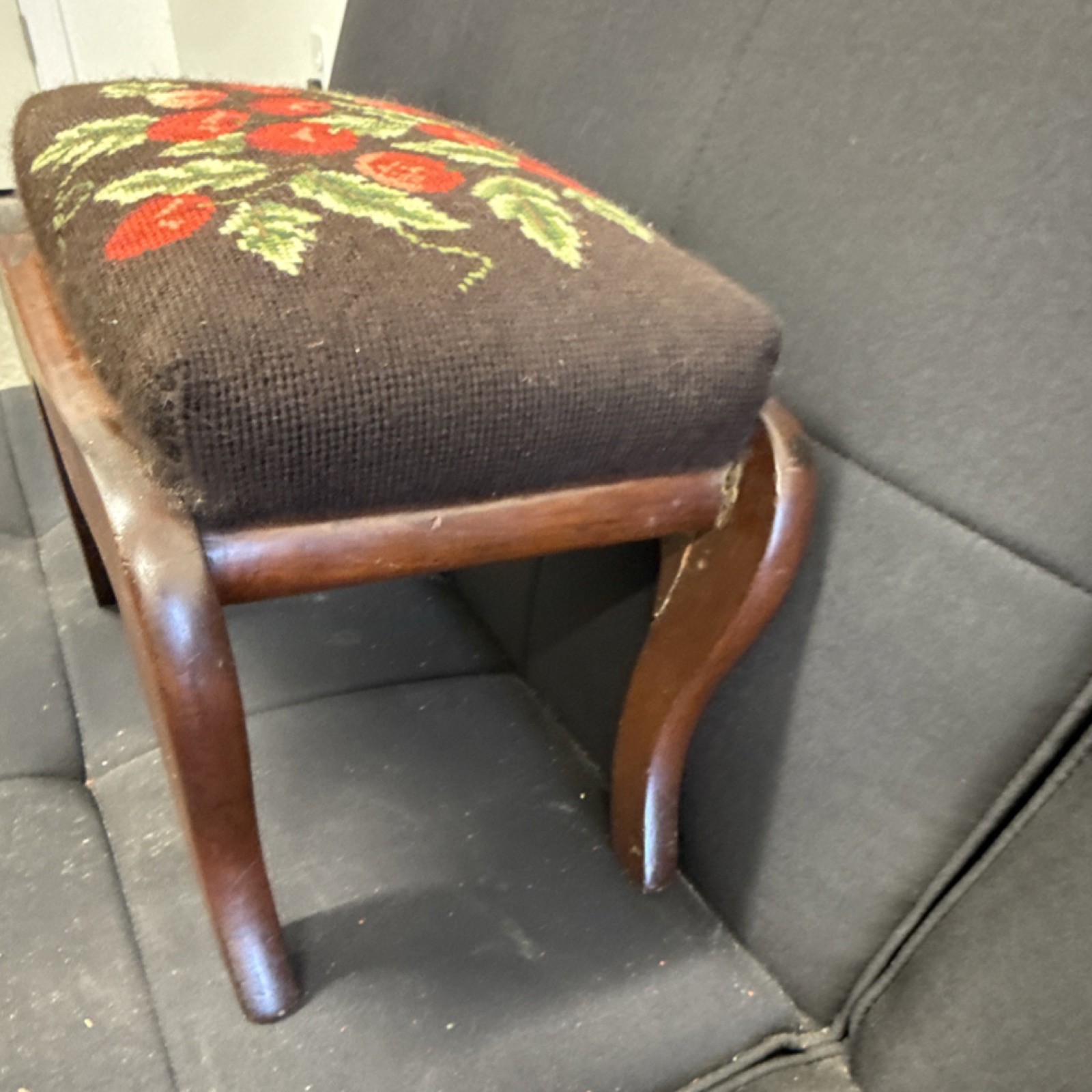Antique Wooden Footstool Floral Needlepoint Rectangular Brown Red Green