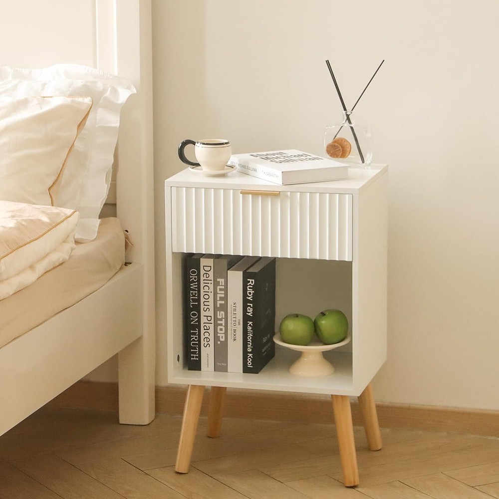White Nightstand, Modern Bedside Table with Drawer and Opening Storage,