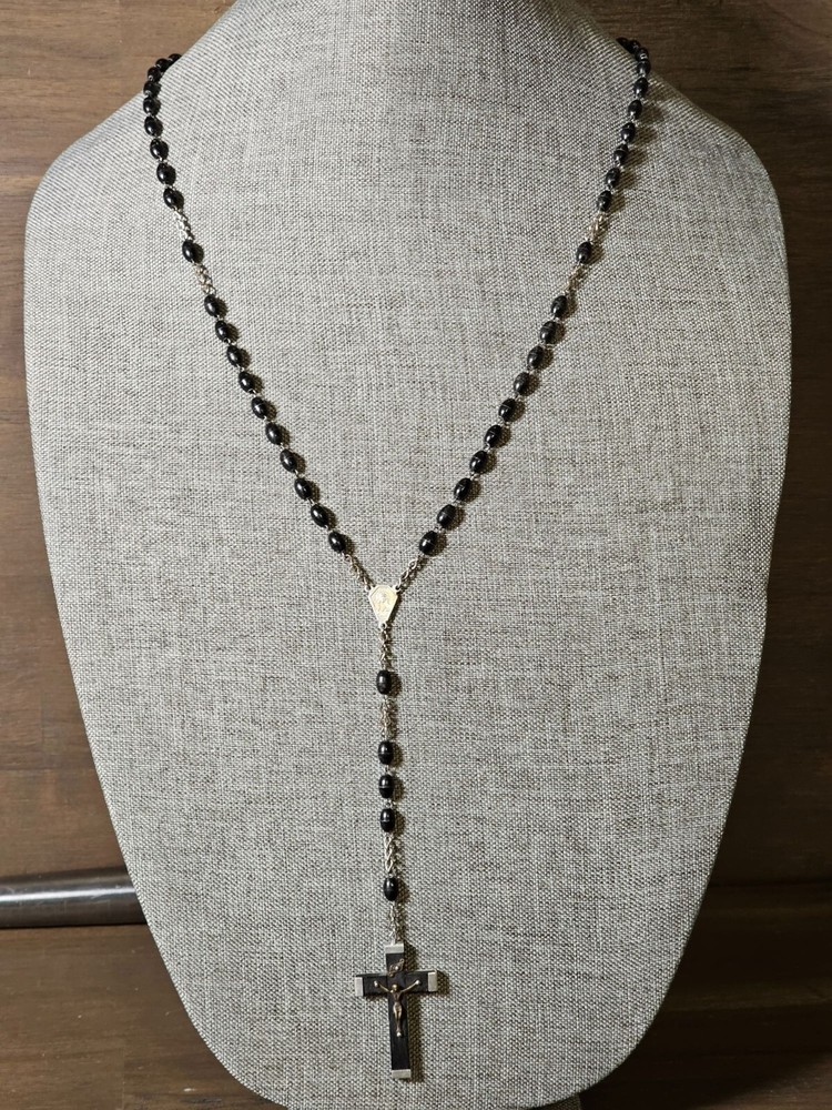 26" Rosary Necklace in Balck and Silver Tone Crucifx