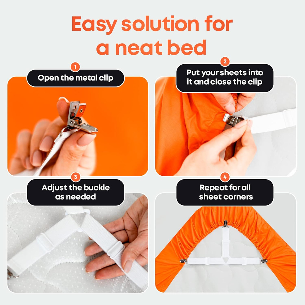 Bed Sheet Straps Set | Easy to Use Adjustable Elastic Fasteners with Metal Clips