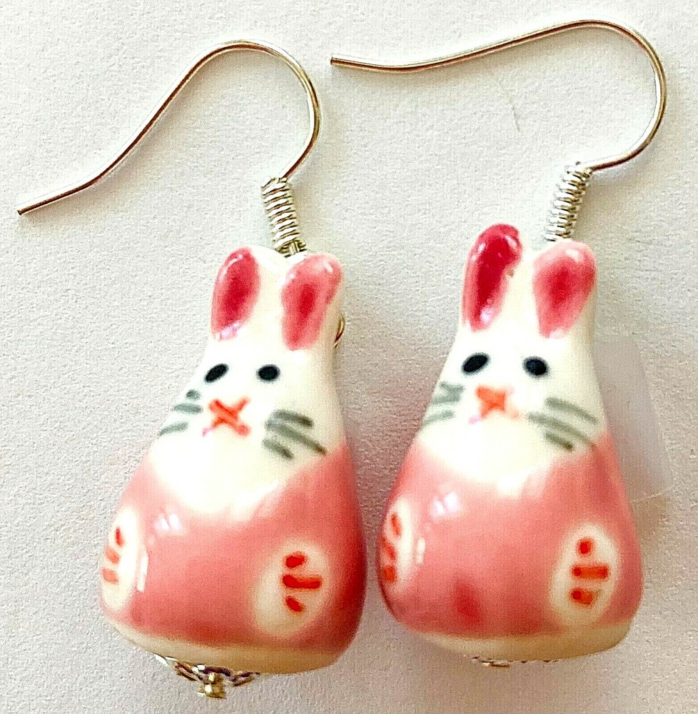 EASTER BUNNY EARRINGS-PINK/WHITE CERAMIC-HANDCRAFTED-698