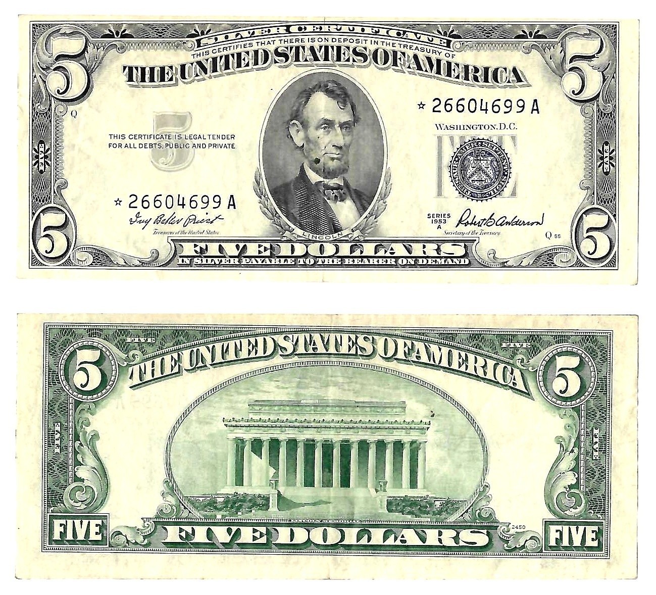 1953-A $5 Silver Certificate Star Note Fr. 1656* Circ. #4699