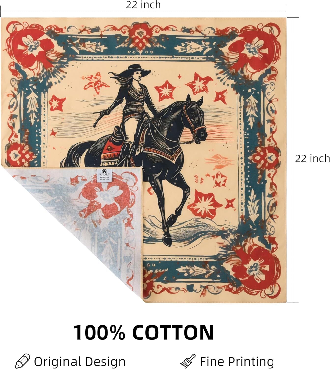 22"X22" Vintage Cowgirl 100% Cotton Bandana Multi-Purpose Headbands