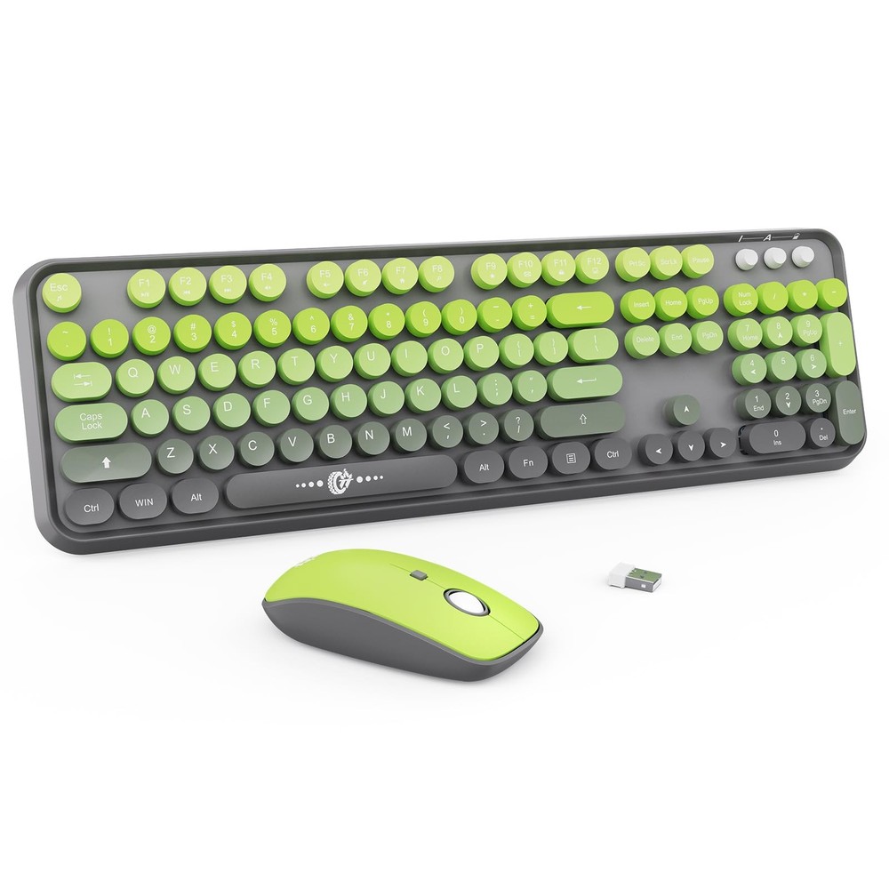Grey Green Gradient Wireless Keyboard Mouse Combo 2.4GHz Retro USB Receiver