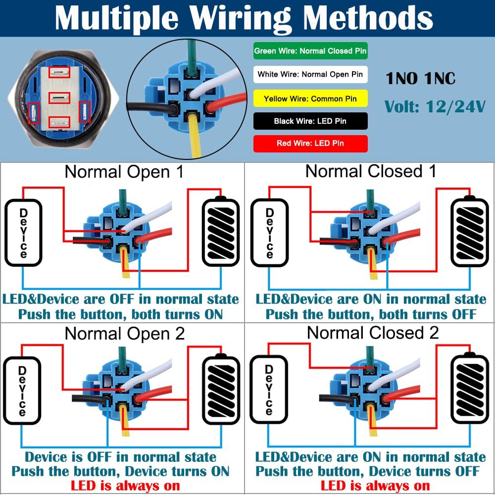 2pcs 19mm Latching Push Button Switch 12V/24V Waterproof Blue LED