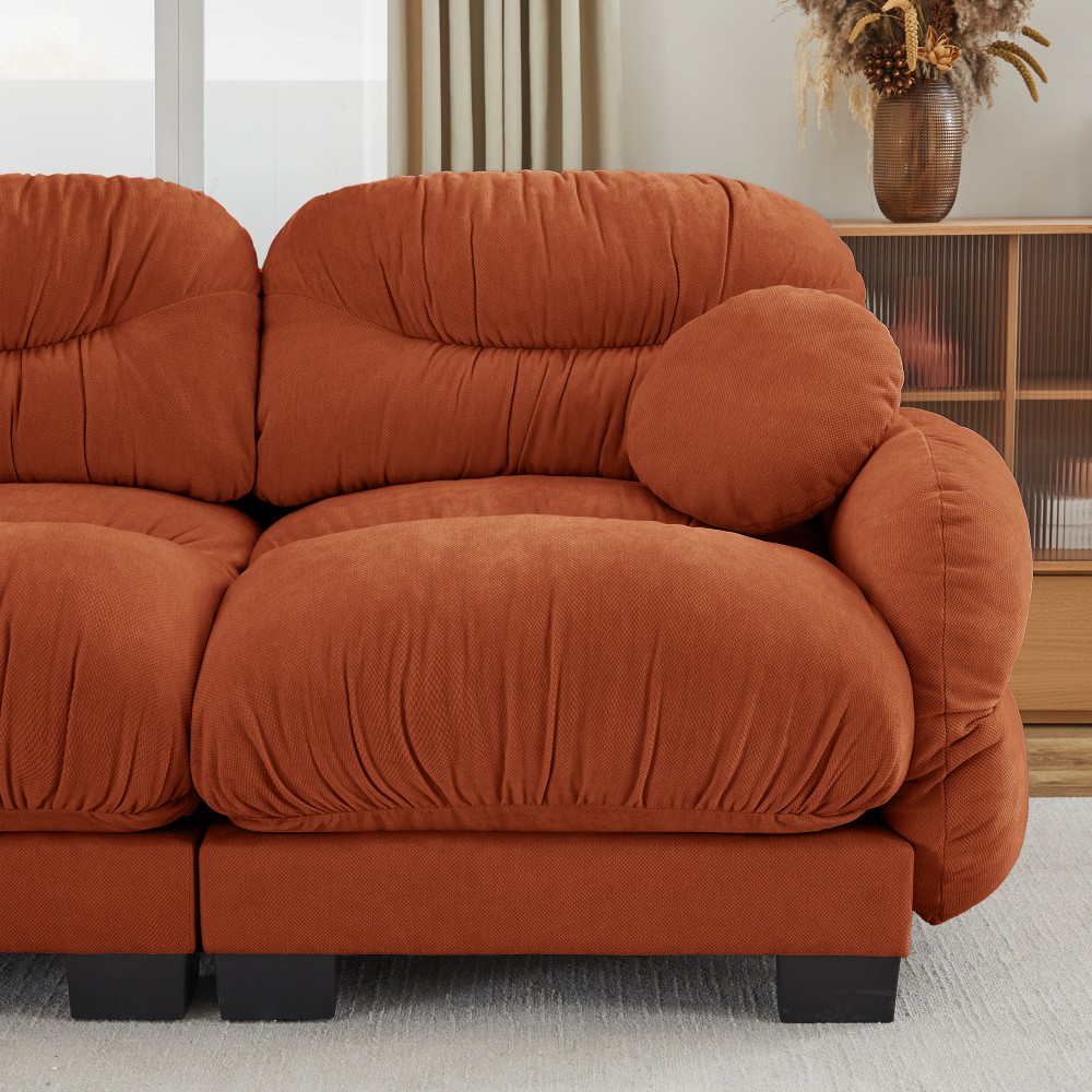 Orange L-Shape Sectional Sofa w/ Ottoman & Throw Pillows, Modular Chenille Couch