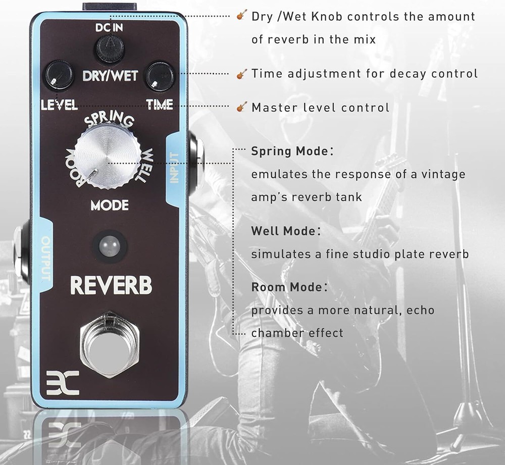 Reverb Guitar Effect Pedal With 3 Settings Led Indicator Compact Design