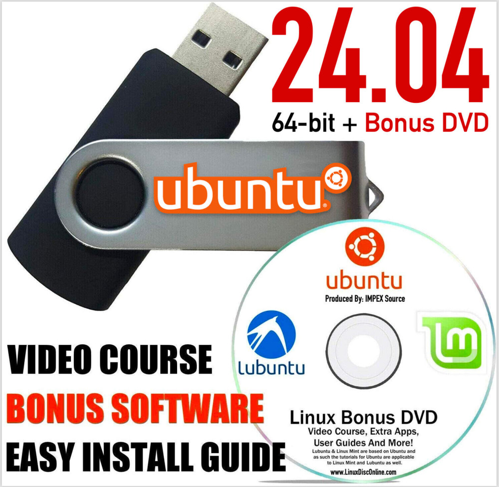 Ubuntu Linux 24.04 USB Linux Live Install 16 GB USB With BONUS DVD Disc