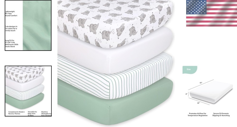 Elephant Crib Sheets 4-Pack Set - Soft & Breathable