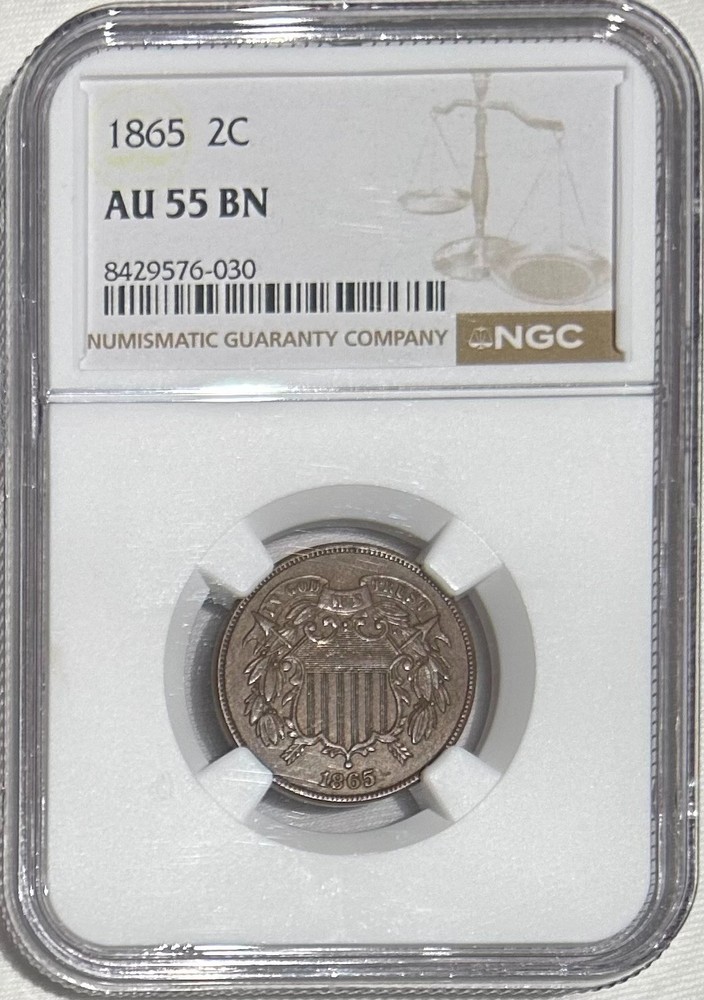 1865 Two Cent Piece, NGC AU55 (Brown) - Sharp Appearance!