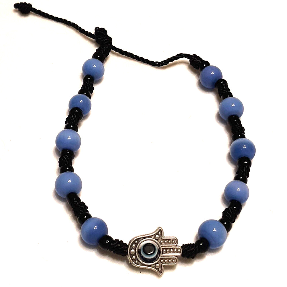 Hamsa Hand bracelet with black string and blue Cat eye beads