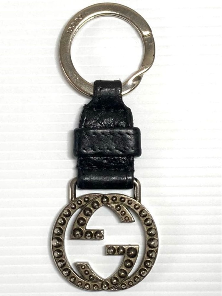 GUCCI Leather Keychain Black Interlocking GG Key Ring Charm