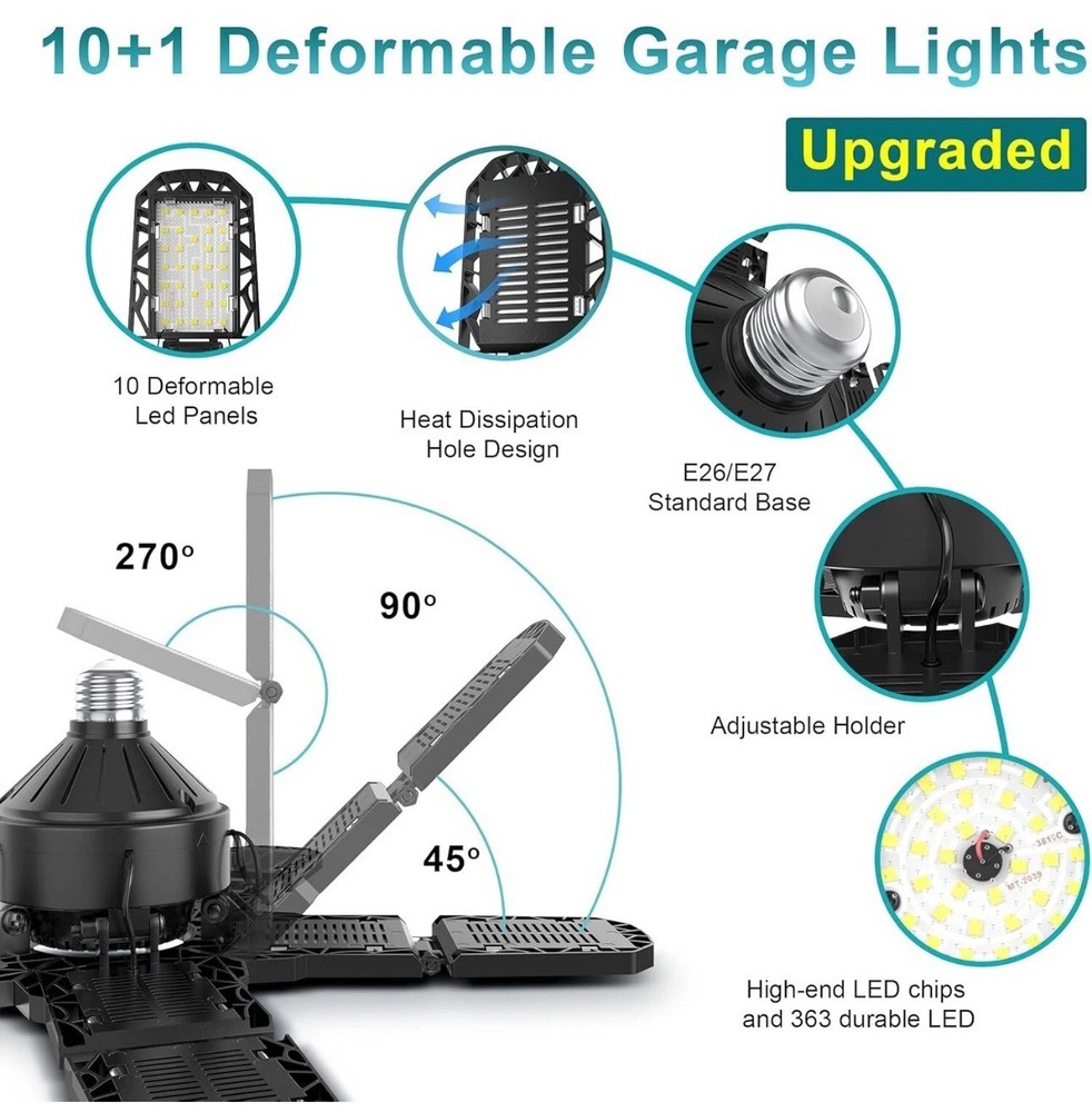 Garage Light- 2 Pack LED Bulb - Super Bright Shop Ceiling Lights Deformable