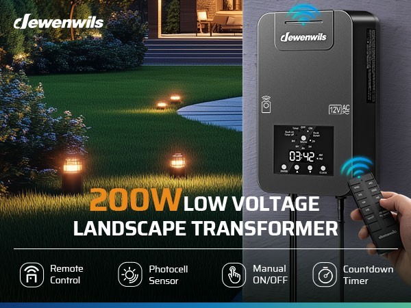 DEWENWILS 200W Low Voltage Transformer, Photocell & Timer, Landscape Lighting