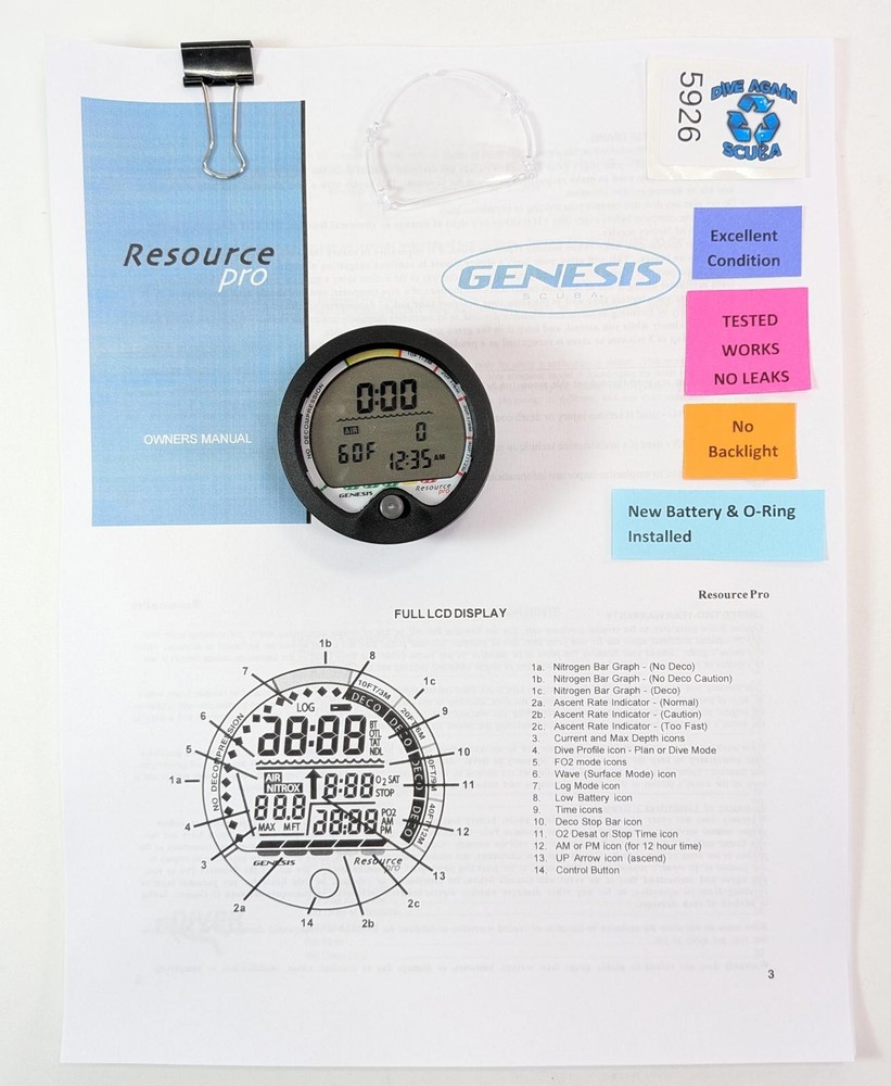 Genesis Resource Pro Puck Scuba Dive Diving Computer Module Air & Nitrox #5926