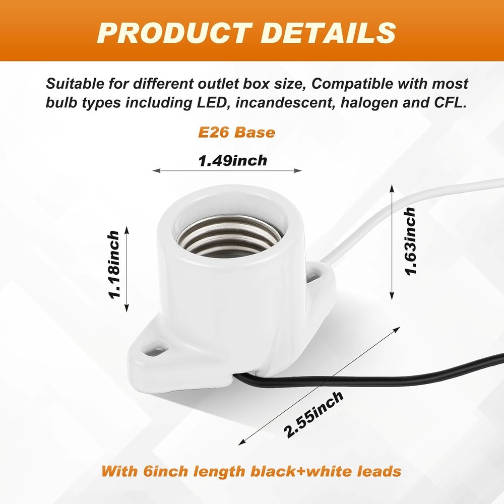 6 Pcs E26 Light Socket Porcelain Lamp Holder Medium Keyless white