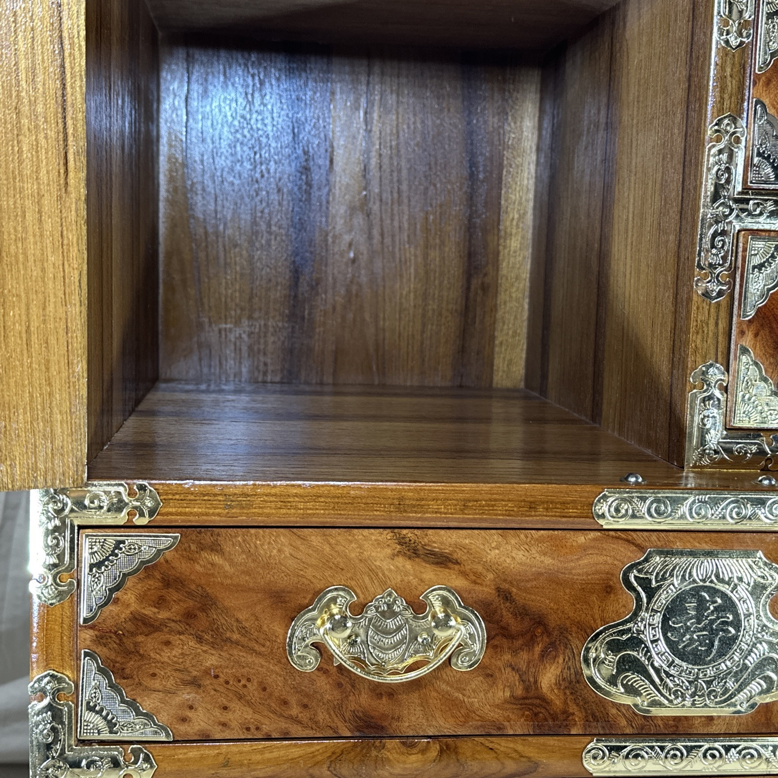 Vintage Asian Burl Wood and Brass Tansu Chest Mid Century 1970's Elegant