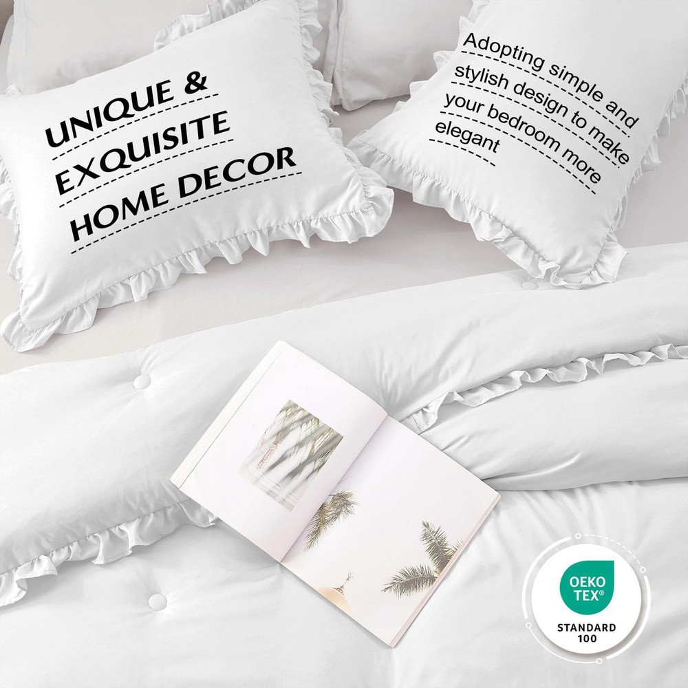 HARBOREST Queen Comforter Set White - Ruffle for Queen,