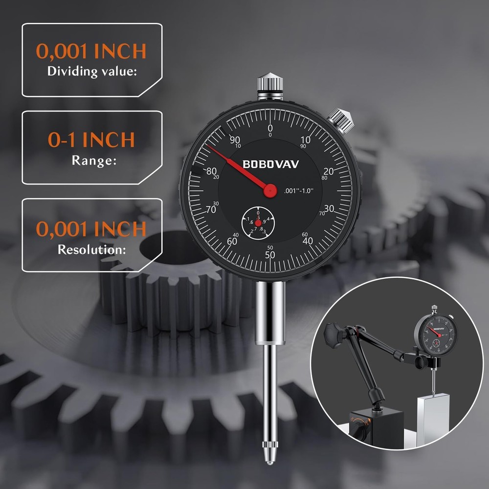 Dial Indicator with Magnetic Base Set, 0-1" Range & 0.001" Resolution, 3-Join...