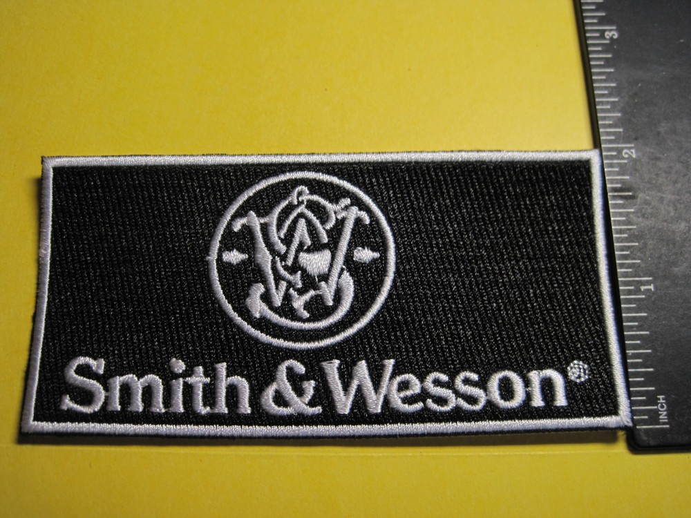SMITH & WESSON FIREARMS VEST PATCH WITH HOOK BACK! 2 X 4 INCH GUN PATCH BLACK