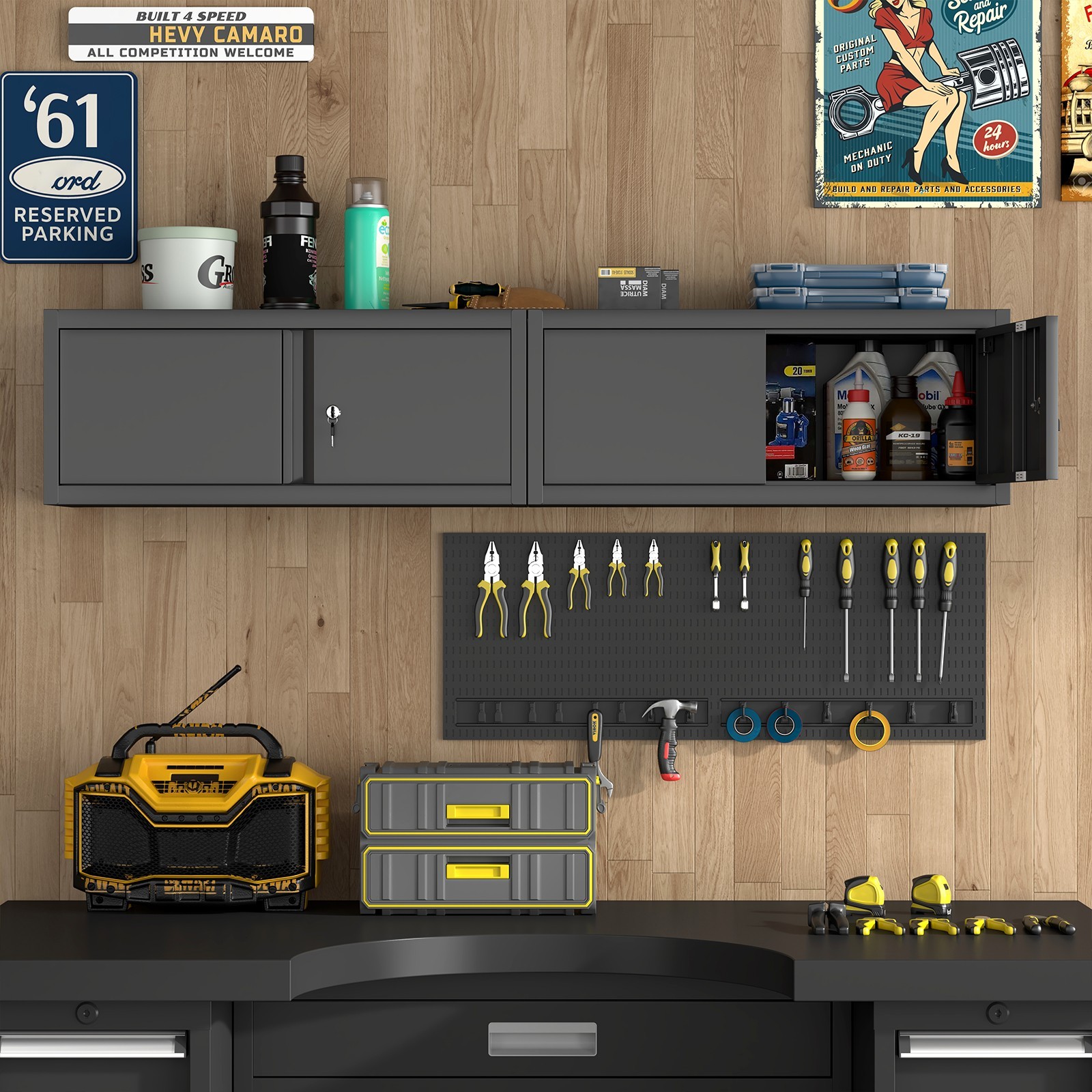 Metal Locking Cabinet, Garage Wall Cabinet, Steel Storage with Doors and Shelves