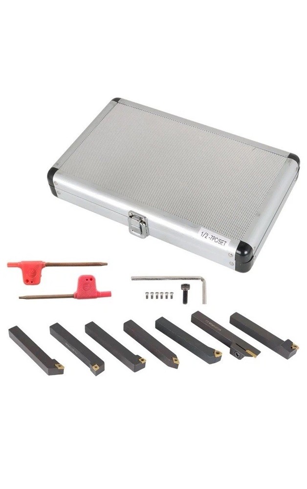 7PC Carbide Indexable Turning Tool 1/2" Lathe Tool Bit Set Thread Insert+Holder