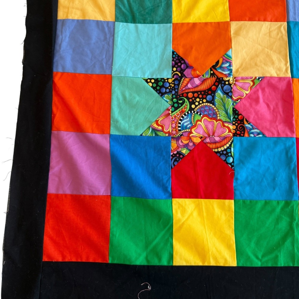 Handmade Rainbow Patchwork Quilt Top Psychedelic Star Applique 41x50 Black Trim
