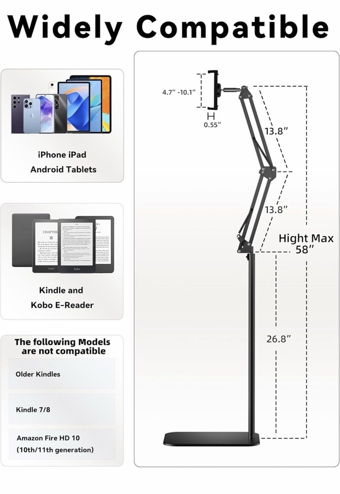 Floor Stand Tablet & E-Reader Holder, Remote Control, Adjustable, Universal, Bl…