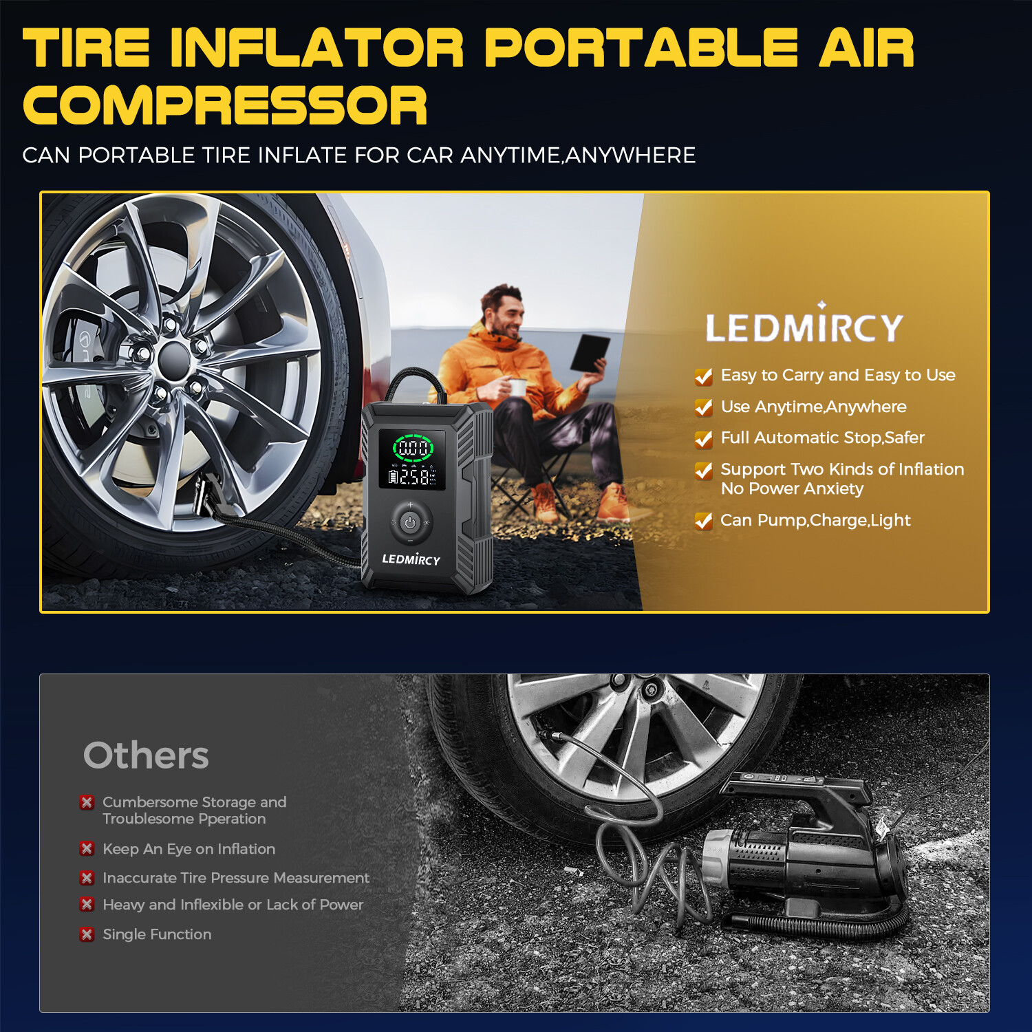 🔥150PSI Air Compressor Tire Inflator Fits Car Moto Bike Ball Air Pump Cordless