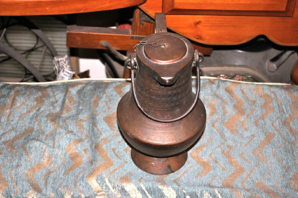 Antique Middle Eastern Arabic Hammered Copper Water Pitcher W/Lid-Primitive