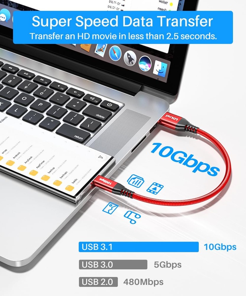 1ft USB-C Cable 10Gbps High Speed Data Transfer & 3.1A Fast 1ft, Red
