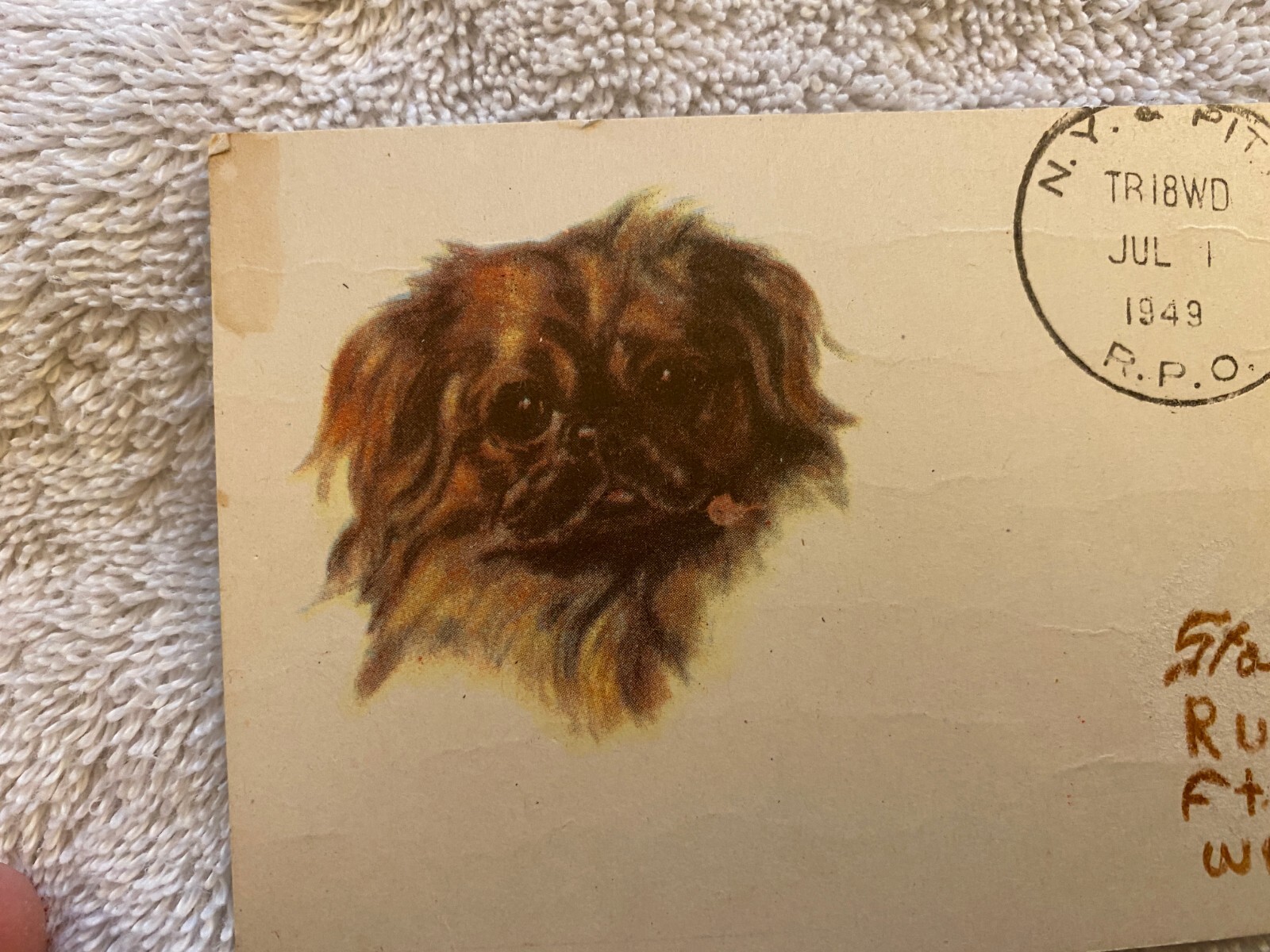 Pittsford, NY Railway Post Office Postmark, 1949, 1.5 cents Stamp Pekingese Dog