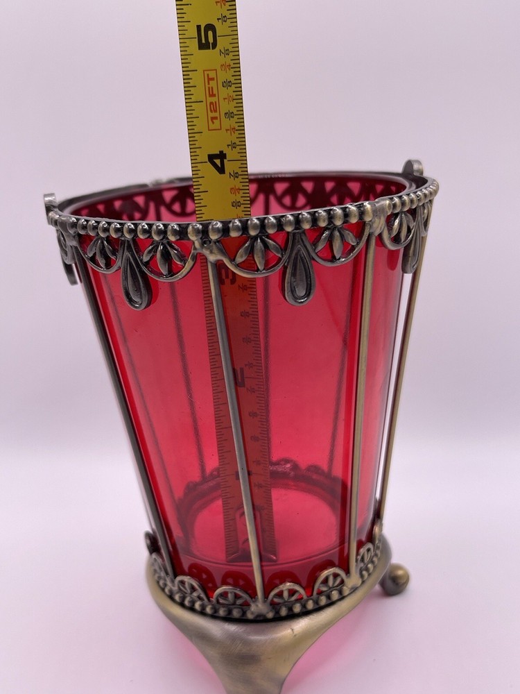 Vintage Elegant Silver-Metal Wire Cup Red Glass Votive Holder Goth Decor ****