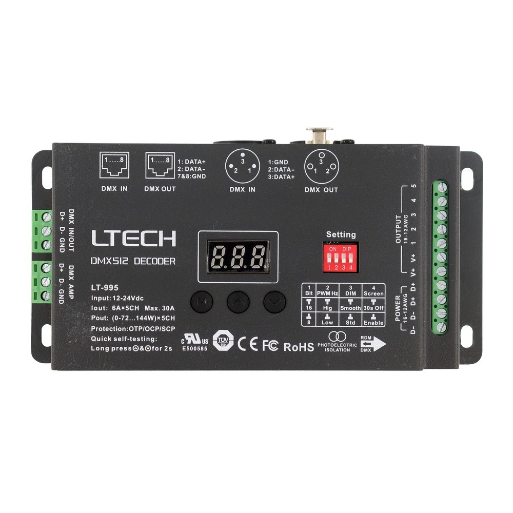 LTECH LT-995 DMX512 INTERFACE DECODER, 5-CHANNEL, 6A, 144W, 30A