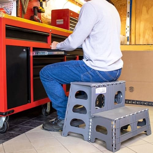 Folding 2 Step Stool for Adults - Collapsible & Foldable Step Industrial Gray