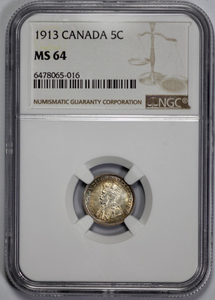 1913 Canada Silver 5 Cents NGC MS 64 Toned