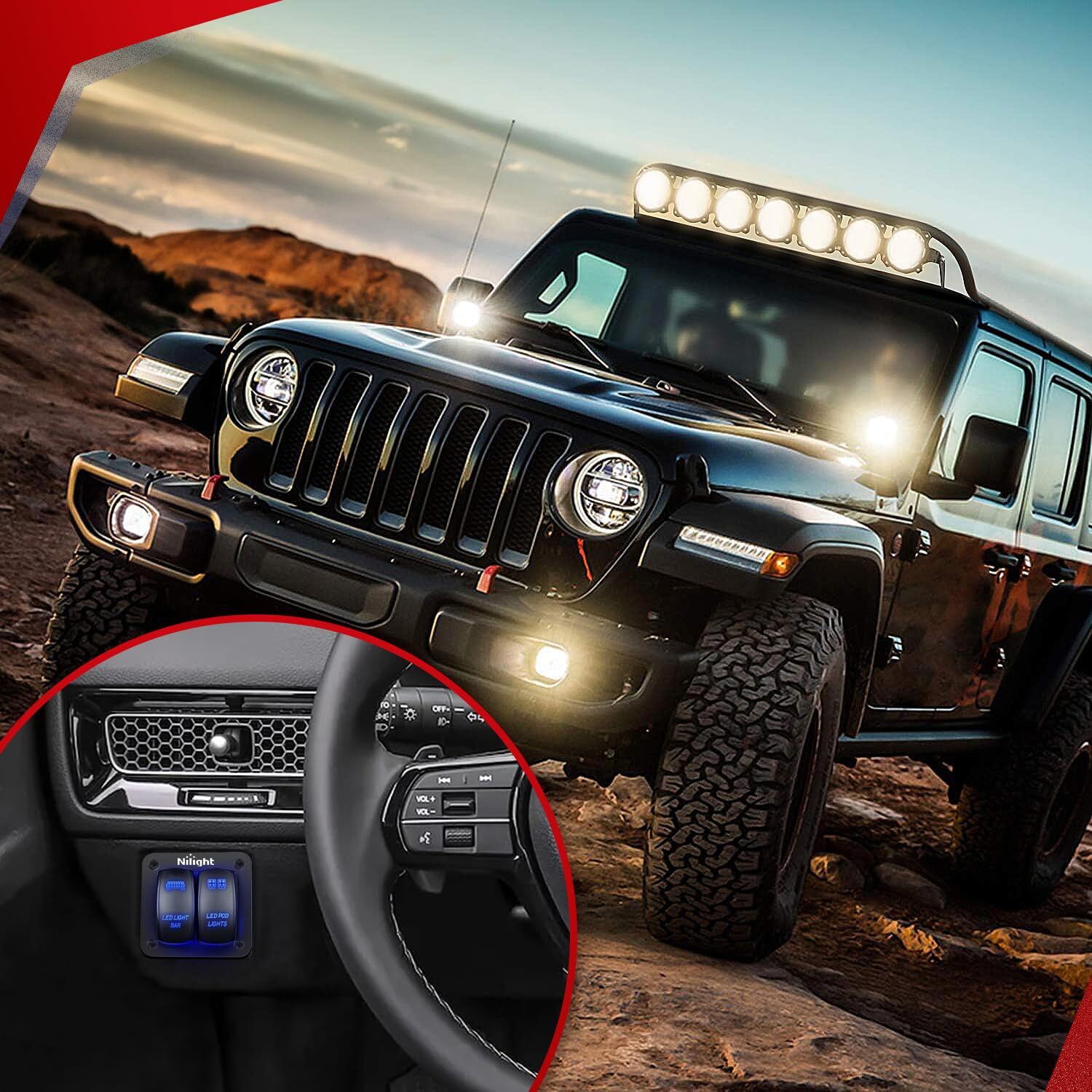 Nilight 16AWG LED Light Bar Wiring Harness Kit 12V On/Off Rocker Switch Panel