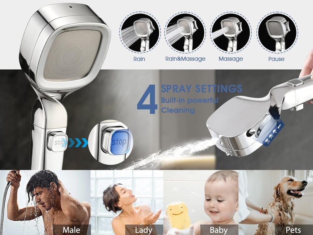 4 Spray Settings High Pressure Handheld Shower Head Pause Button With Hose