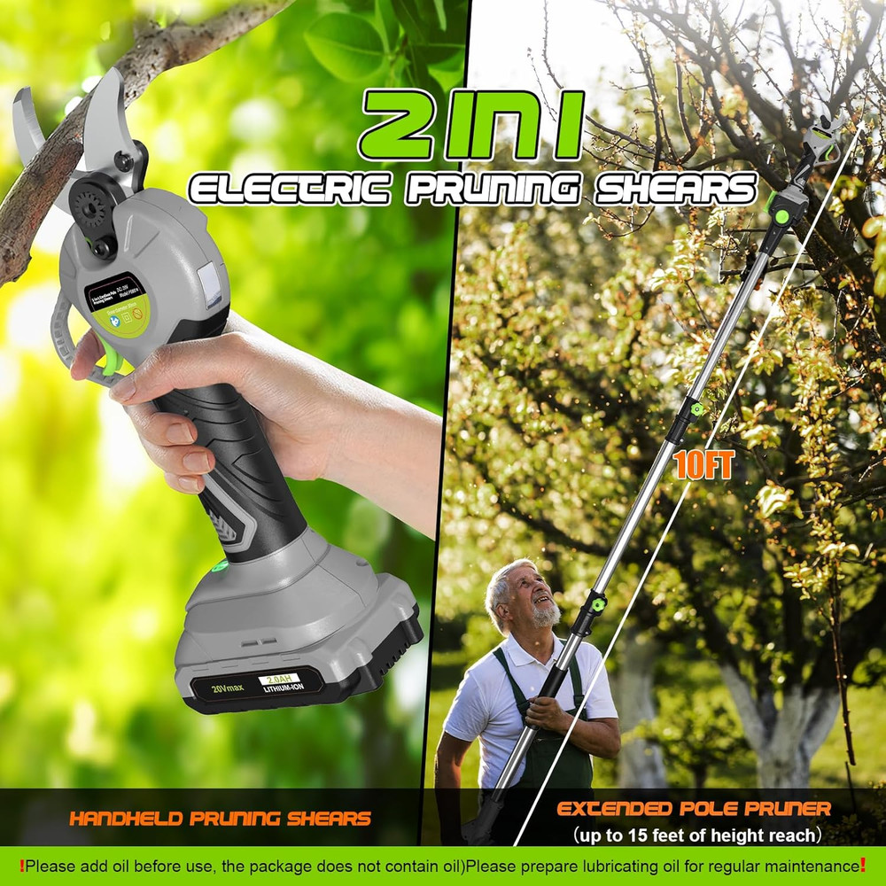 2 in 1 Pole Pruning Shears Cordless, Electric Pruning Shears with LCD Display, 8