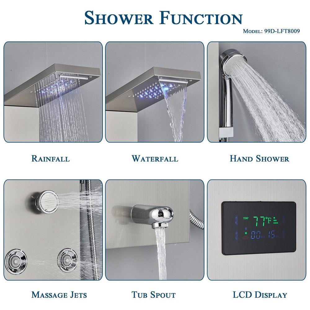 Rain Shower Panel Tower System Stainless Steel 6-Function Faucet LED Shower Head