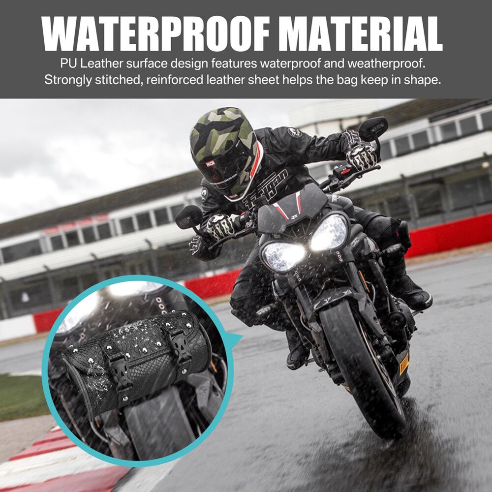 Motorcycle Front Fork Tool Roll Bag PU Leather Saddlebag Handlebar Storage Pouch